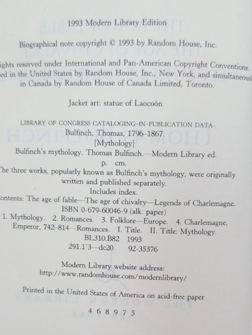 Modern Library Bulfinch's Mythology Vintage Hardcover Book 1993 Laocoon Cover